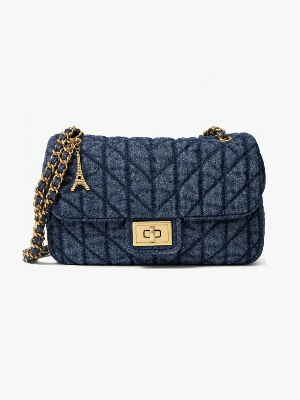 New Karl Lagerfeld Paris Agyness Quilted Denim Shoulder Bag with Eiffel Charm